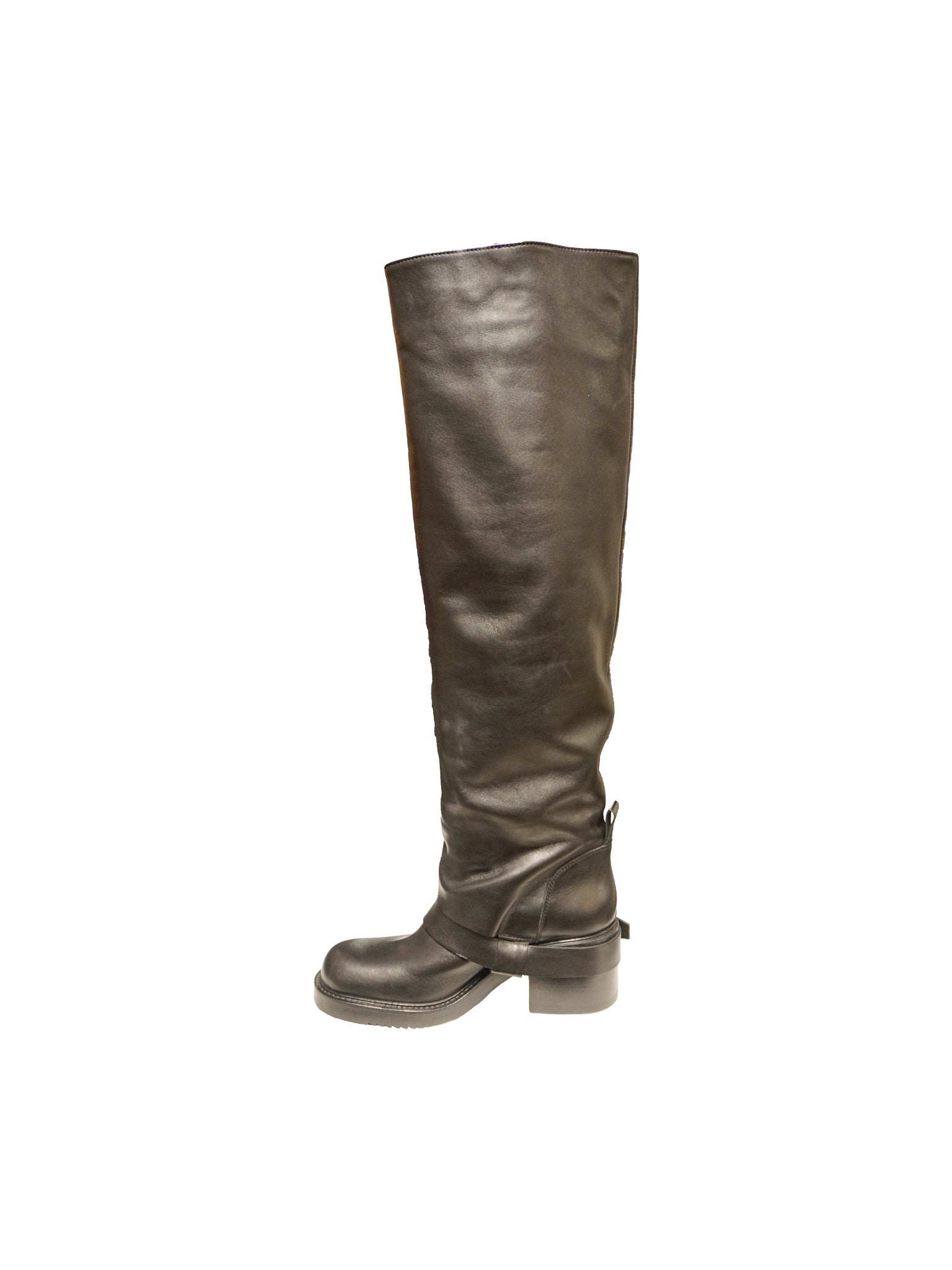 Stivali alti in pelle nera con fascetta biker e tacco basso