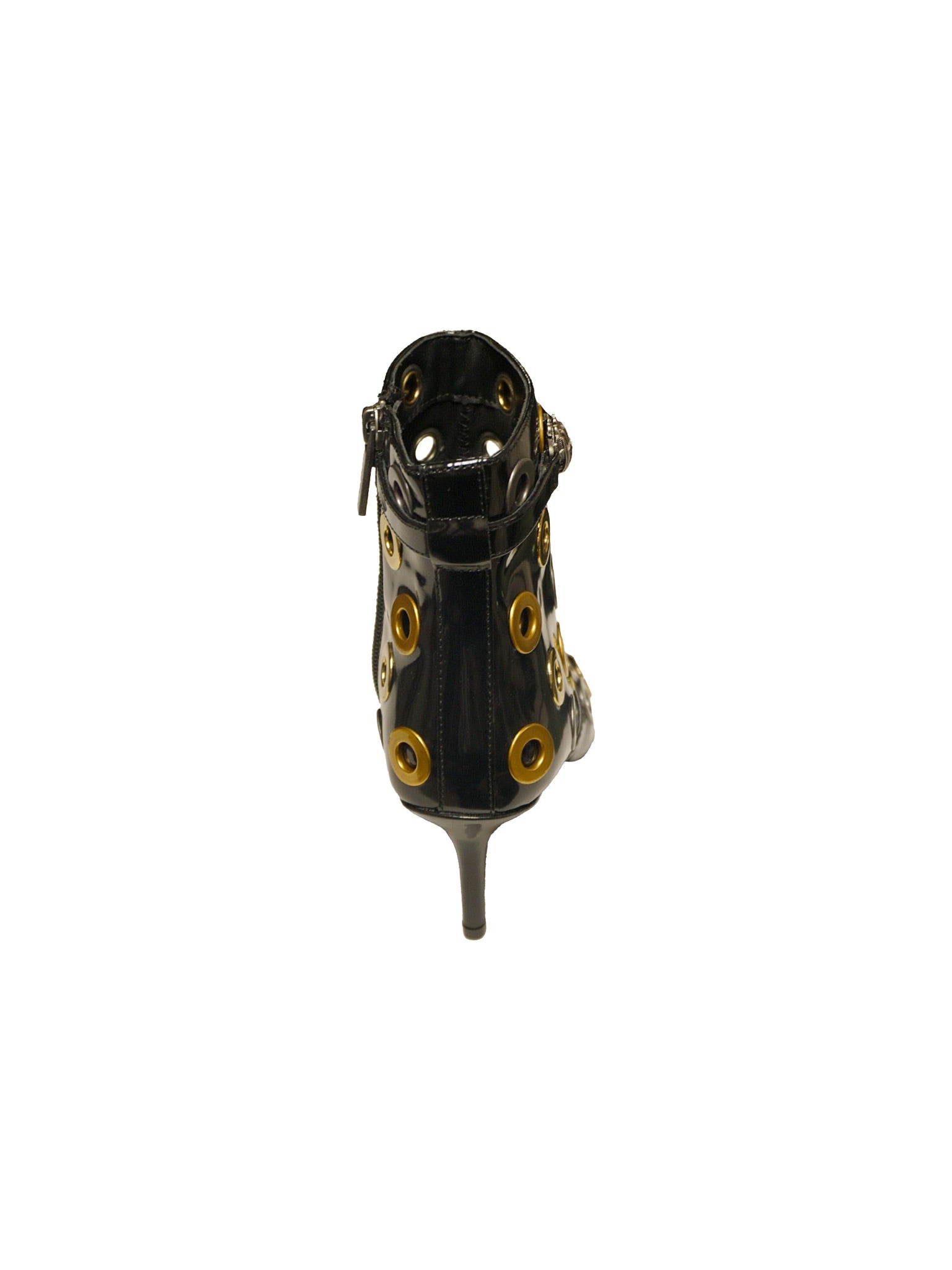 Stivaletto in vernice nera con borchie oro e argento e tacco basso