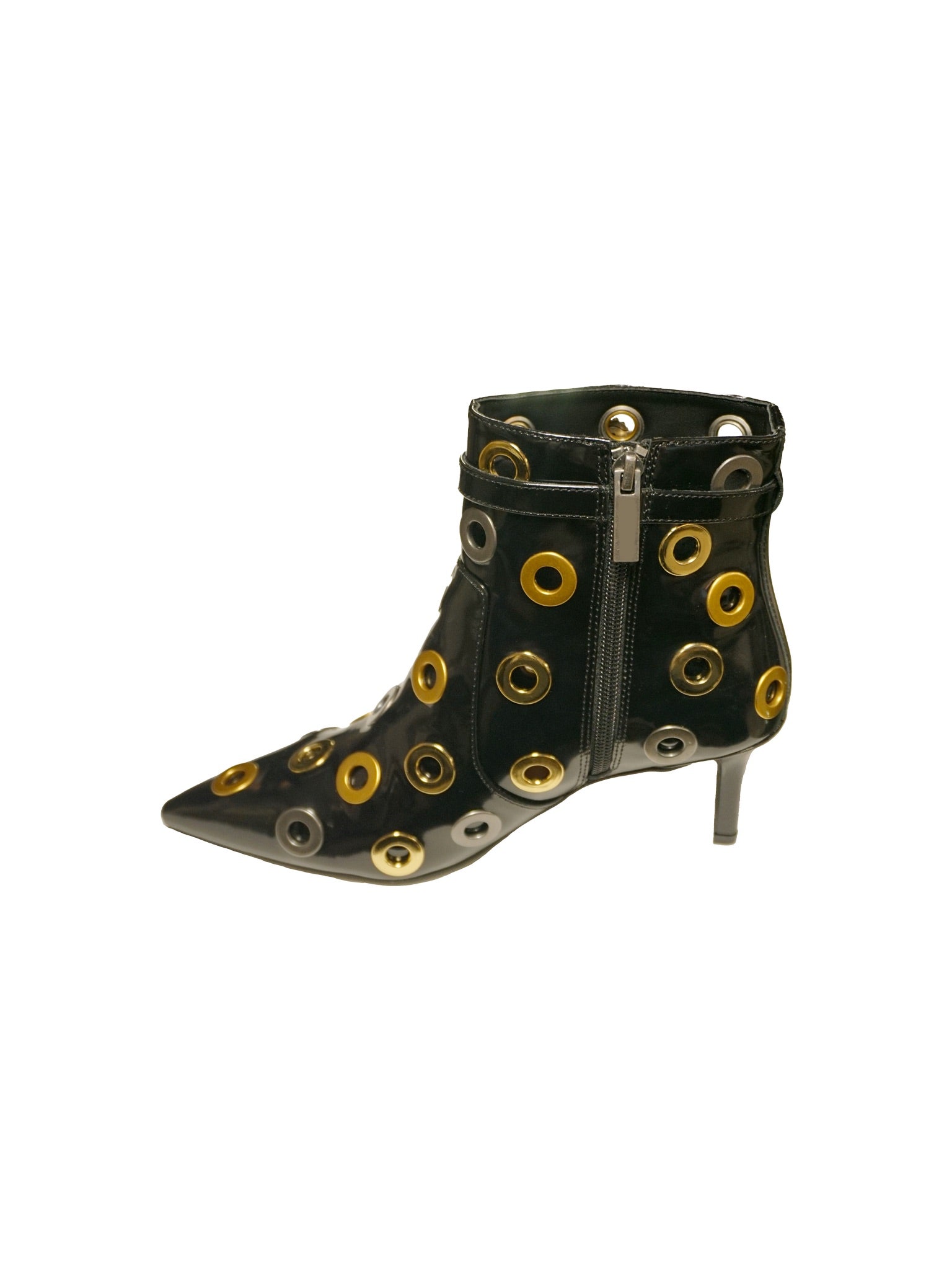 Stivaletto in vernice nera con borchie oro e argento e tacco basso