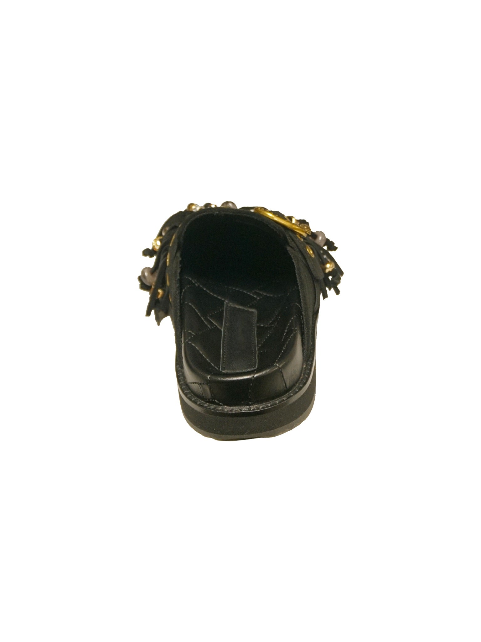 Sabot in camoscio nero con frange, perline e dettagli gioiello
