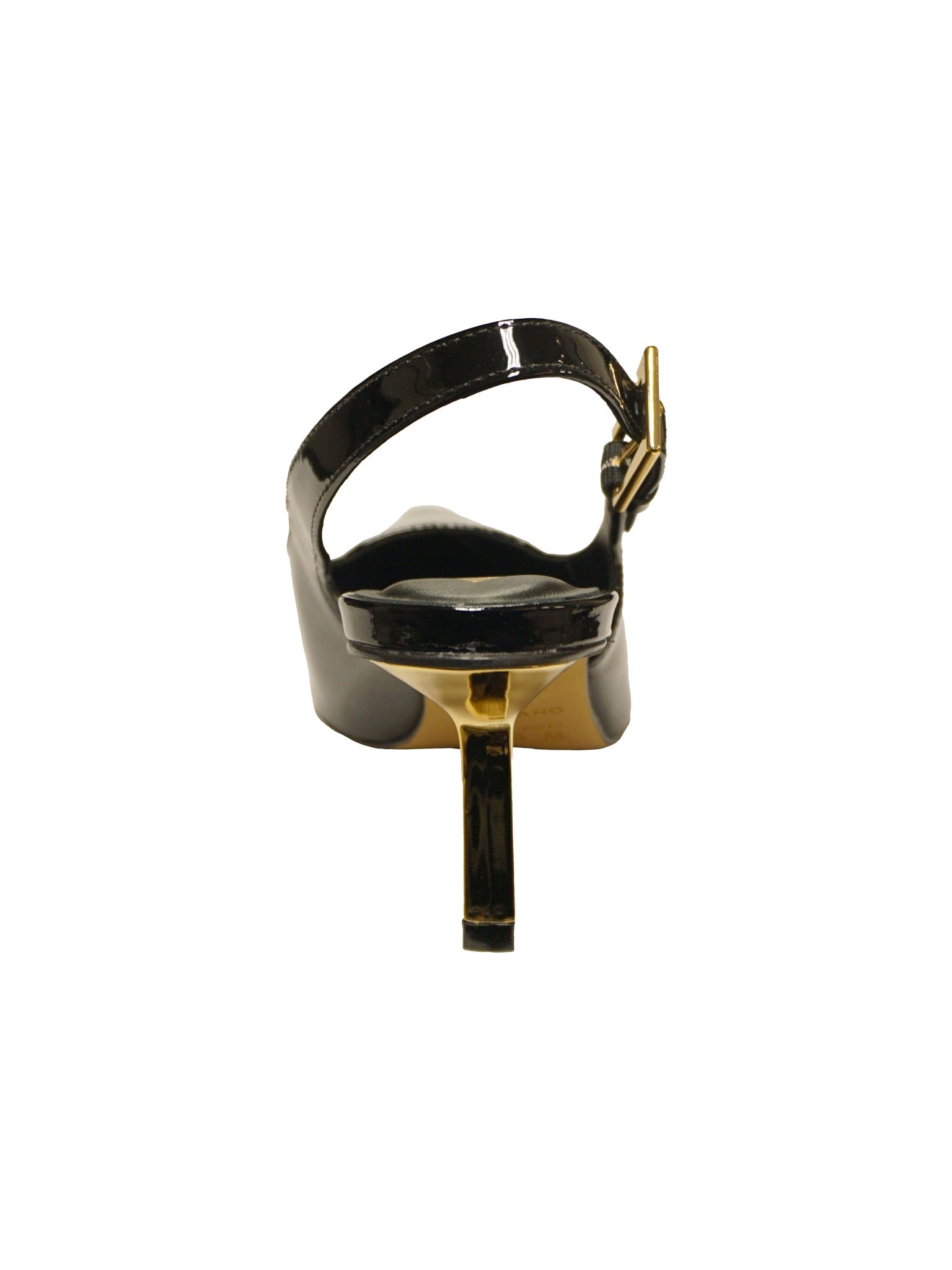 Décolleté slingback in vernice nera con tacco a spillo metallizzato oro