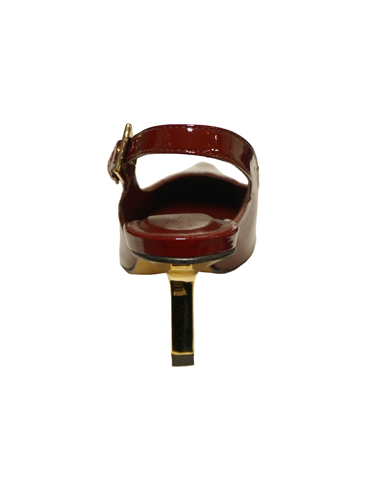 Décolleté slingback in vernice bordeaux con tacco a spillo metallizzato oro