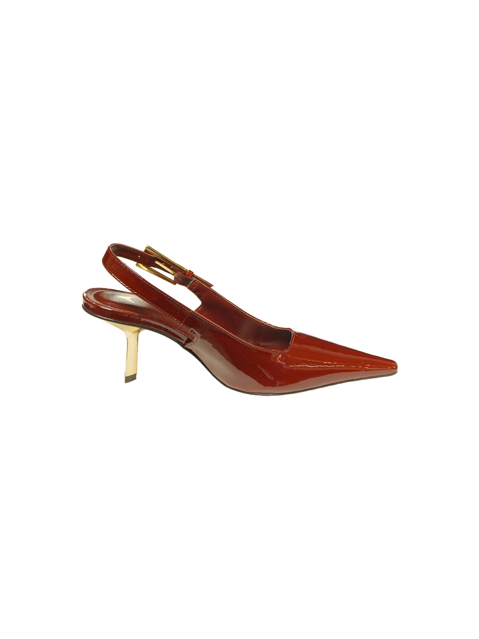 Décolleté slingback in vernice bordeaux con tacco a spillo metallizzato oro