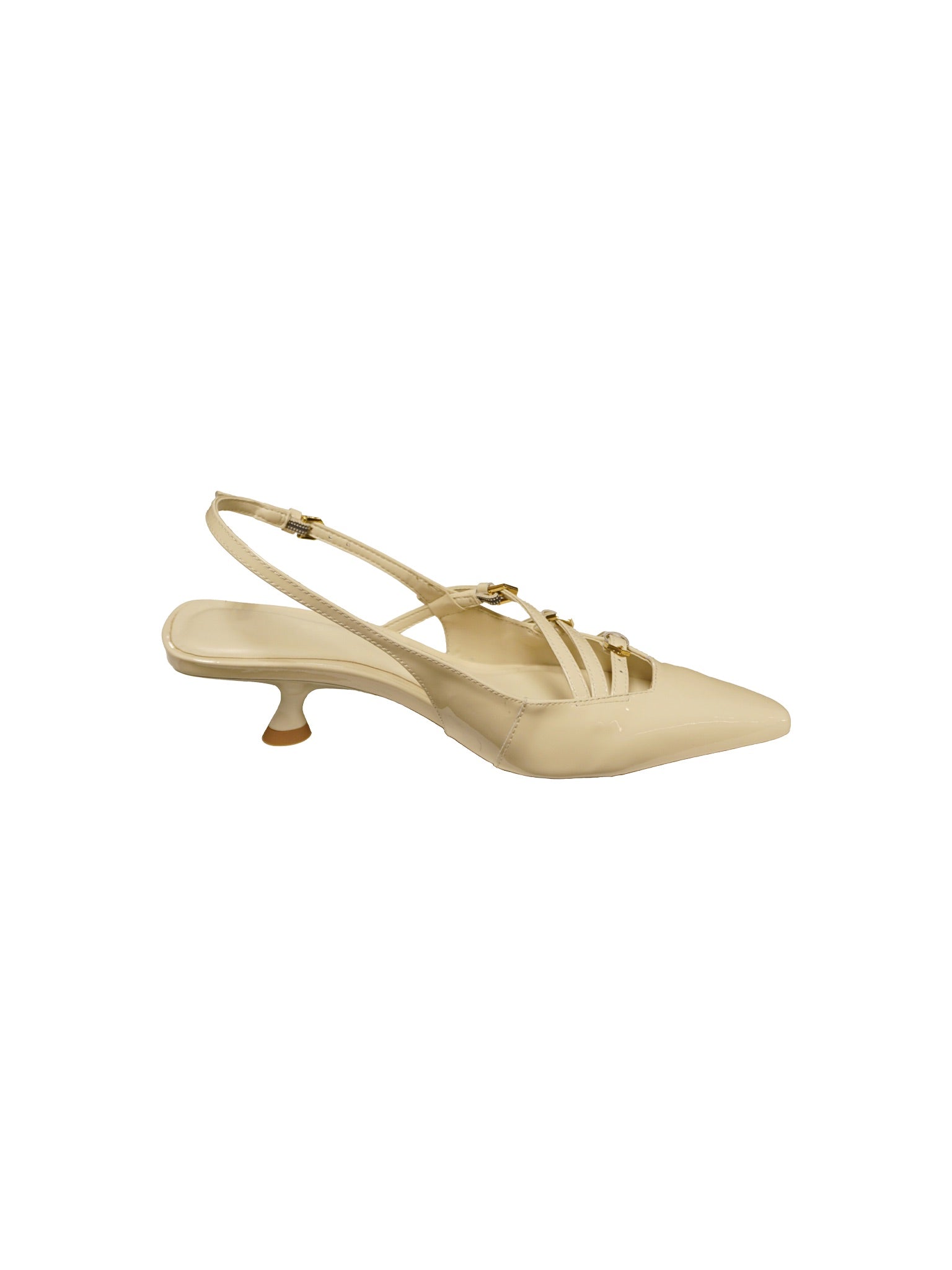 Décolleté slingback in vernice panna con fibbie decorative