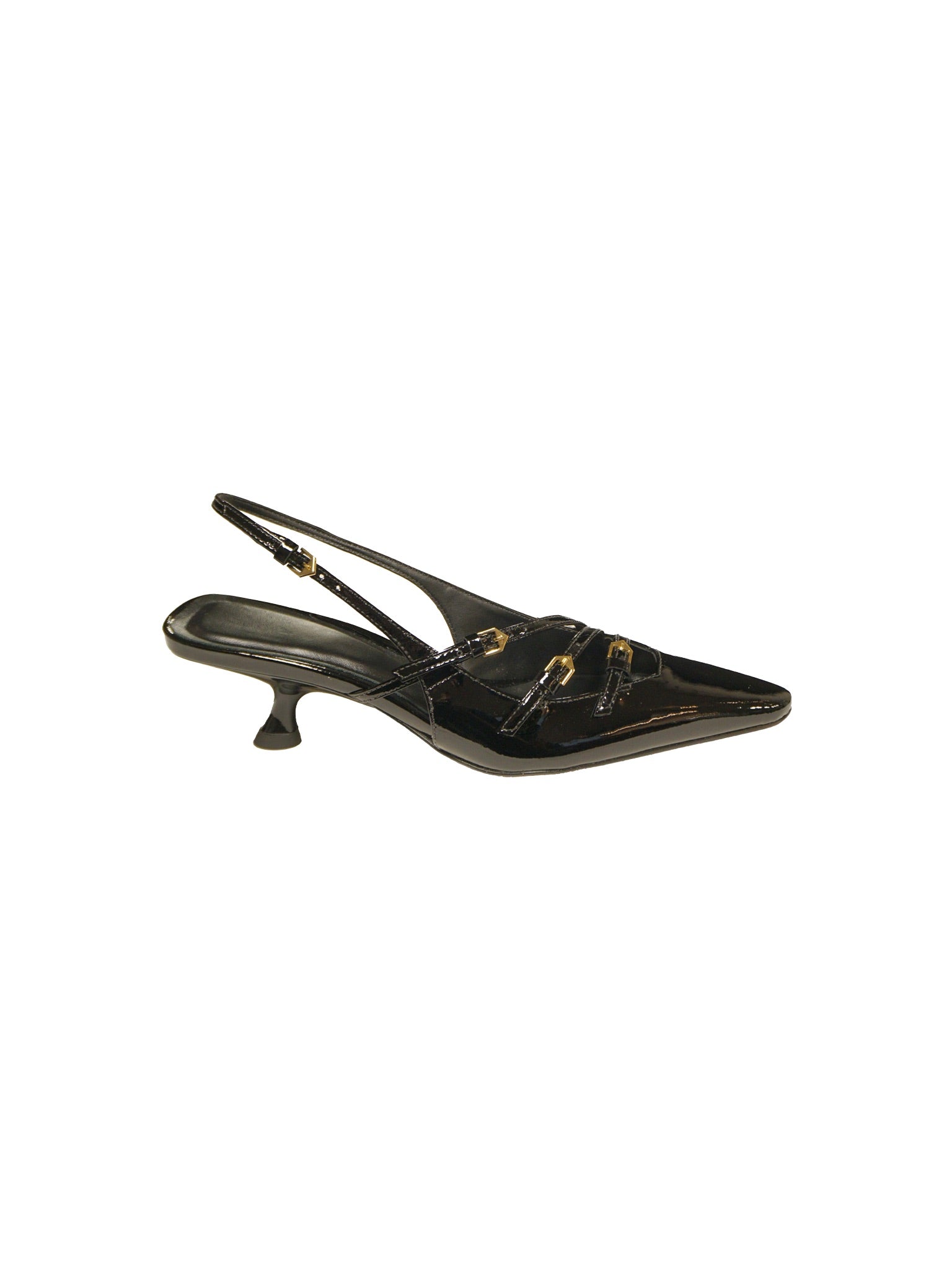 Décolleté slingback in vernice nera con fibbie decorative