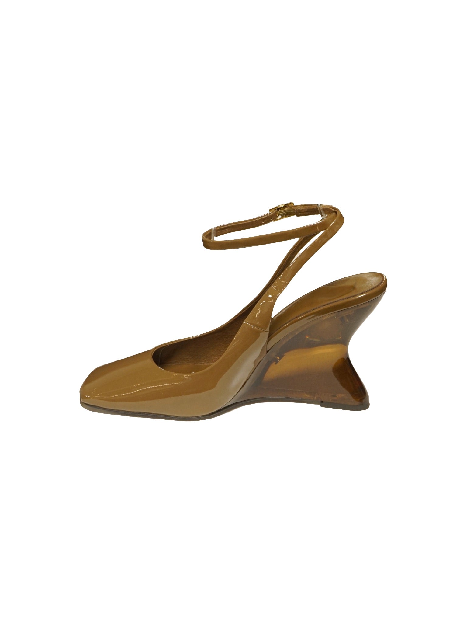 Décolleté slingback in vernice tortora con zeppa trasparente