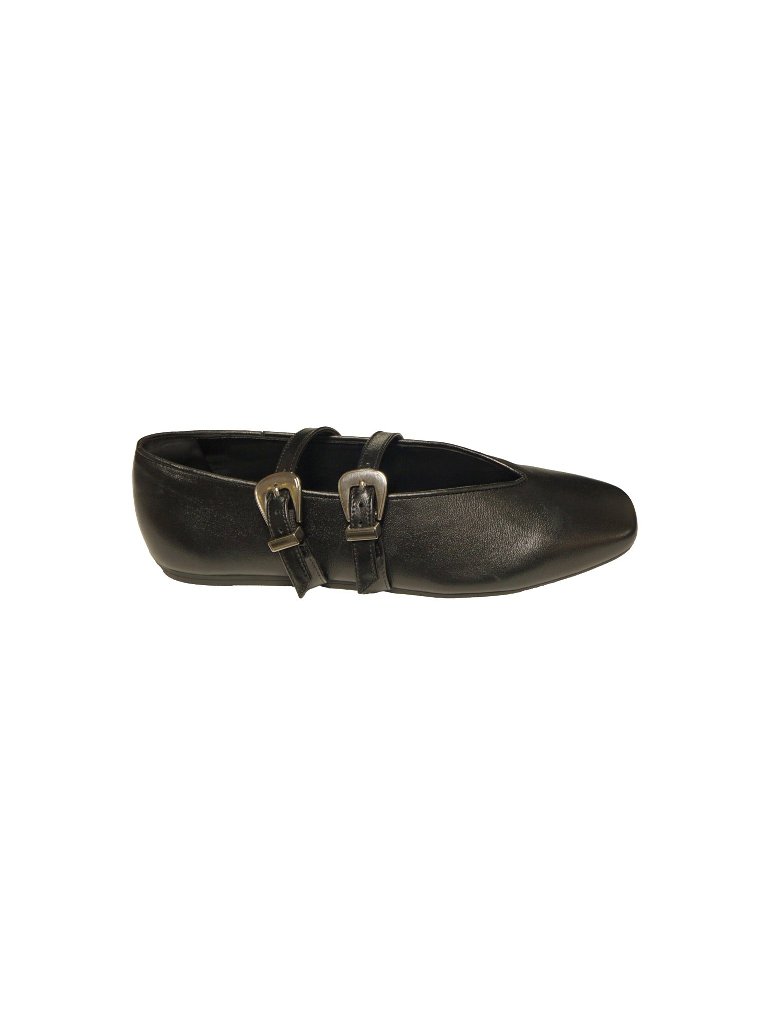 Ballerina in pelle nera con doppio cinturino e fibbie in metallo