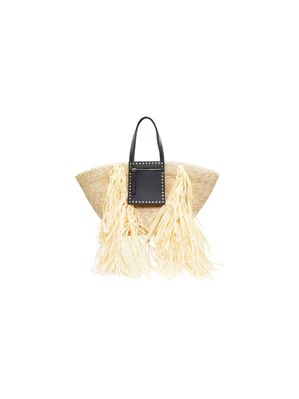 Borsa in rafia con patta in pelle e manico rigido