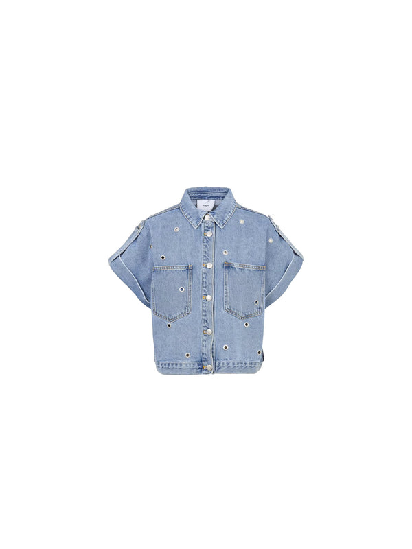 Blusa in denim con borchie