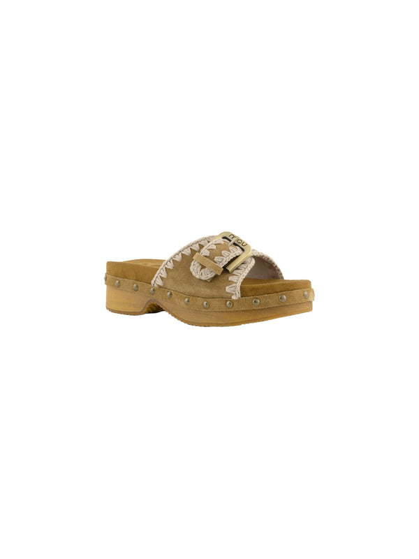 Low heel wood clog with buckle