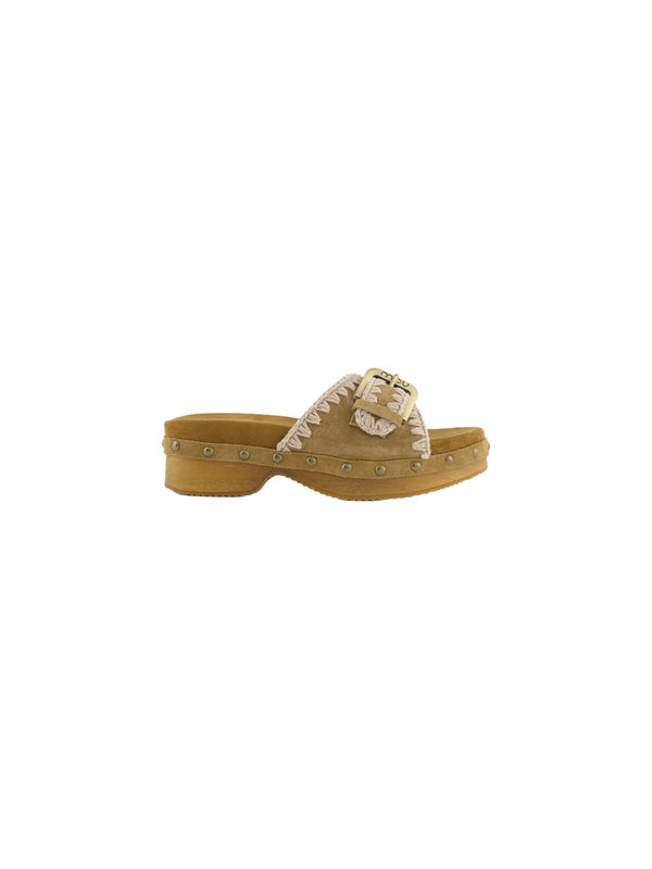 Low heel wood clog with buckle
