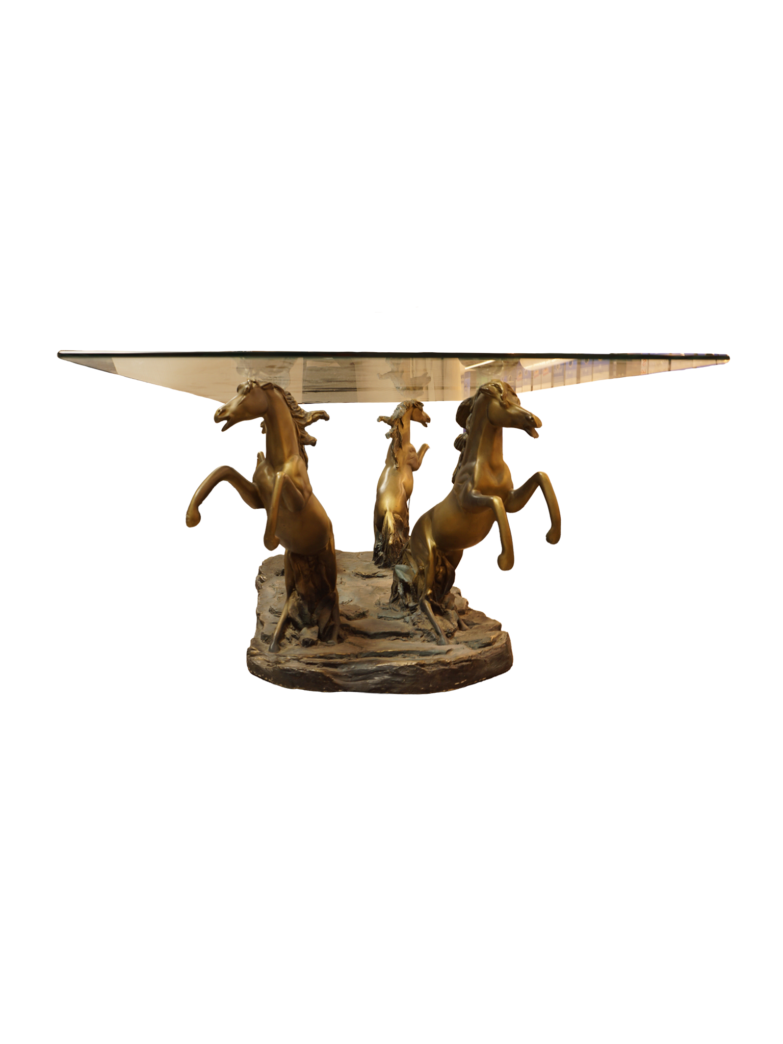Tavolino da Salotto Scultura "Cavalli Impennati" in Bronzo con Piano in Vetro
