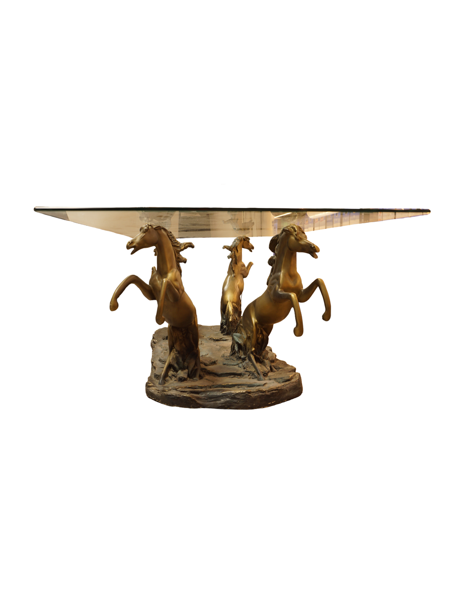 Tavolino da Salotto Scultura "Cavalli Impennati" in Bronzo con Piano in Vetro